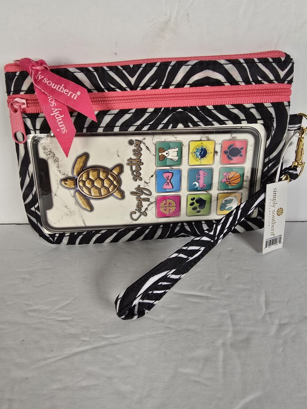 NWT Simply Southern Zebra Print Nylon Wristlet with Hot Pink Accents